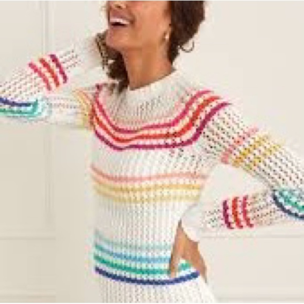 Talbots Raglan Multicolor Striped Crew Neck Open Knit Cotton Sweater